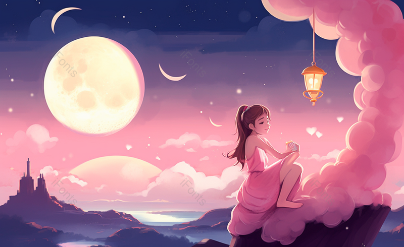 马尾辫女孩夜晚坐山坡上卡通手绘场景,插画/手绘图,插画/手绘图库,插画/手绘图下载,插画/手绘